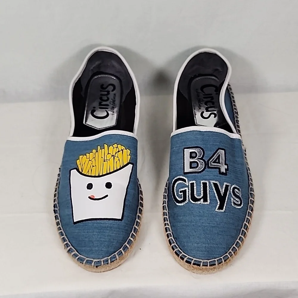Sam Edelman Blue Denim Slip-On Espadrilles with Fries Graphic